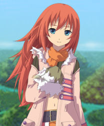Rule 34 | 1girl, aqua eyes, belt, gloves, jacket, long hair, looking at viewer, midriff, minayu, navel, open clothes, open jacket, red hair, rune factory, rune factory 3, scarf, smile, solo, toona