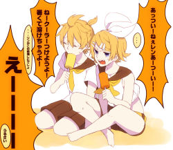 Rule 34 | 1boy, 1girl, angry, bare arms, bare legs, blonde hair, blue eyes, bow, brother and sister, eating, eiku, closed eyes, fang, food, hair bow, hair ornament, hairclip, headphones, headset, holding, holding food, indian style, kagamine len, kagamine rin, kneeling, leaning forward, necktie, open mouth, popsicle, sailor collar, short hair, short ponytail, shorts, siblings, sitting, sleeveless, sweat, translation request, twins, u u, vocaloid
