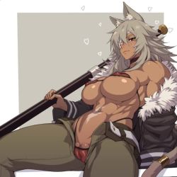 Rule 34 | 1girl, abs, animal ears, animated, areola slip, belt bra, brown eyes, cameltoe, clitoris slip, covered erect nipples, dark-skinned female, dark skin, deep skin, eyepatch, ghislaine dedoldia, grey hair, looking at viewer, looping animation, mikoyan, muscular, muscular female, mushoku tensei, navel, open fly, pussy, pussy peek, revealing clothes, solo, tail, tail ornament, tail ring, uncensored, video