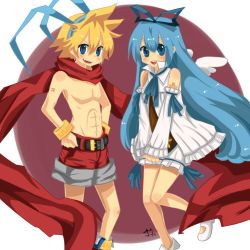Rule 34 | 10s, 1boy, 1girl, 2012, april (aprilmayu), aqua hair, blonde hair, bloomers, blue eyes, cosplay, dated, detached sleeves, disgaea, flonne, flonne (cosplay), hair ribbon, hatsune miku, kagamine len, laharl, laharl (cosplay), long hair, no shirt, open mouth, red scarf, red shorts, ribbon, scarf, shorts, topless male, twintails, very long hair, vocaloid, white bloomers, wings