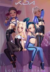 4girls, ahoge, ahri, akali, alternate hairstyle, animal ears, asymmetrical clothes, baseball cap, bed, black choker, blue eyes, blue eyeshadow, boots, breasts, candy, child, choker, commentary, cropped jacket, crystal tail, dress, english commentary, evelynn (league of legends), eyeshadow, flat chest, food, forehead, fox ears, fox girl, fox tail, garter straps, green hair, hat, high-waist pants, high heel boots, high heels, high ponytail, huge ahoge, idol, k/da (league of legends), kai&#039;sa, league of legends, licking lips, lips, lollipop, long hair, looking at viewer, makeup, marmalade mum, midriff, mignonnes (film), multiple girls, navel, o-ring, o-ring top, on bed, plaid, purple eyes, short dress, single pantsleg, slit pupils, small breasts, sports bra, stomach, tail, the baddest ahri, the baddest akali, the baddest evelynn, the baddest kai&#039;sa, thigh boots, thighhighs, tongue, tongue out, twintails, whisker markings, white hair, younger, zettai ryouiki