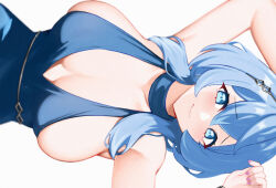 Rule 34 | 1girl, ako (blue archive), ako (dress) (blue archive), blue archive, blue eyes, blue hair, blush, breasts, cleavage, dress, earrings, hair between eyes, hair ornament, jewelry, kono (xerondan321), large breasts, light blush, looking at viewer, medium hair, official alternate costume, simple background, solo, tearing up, white background