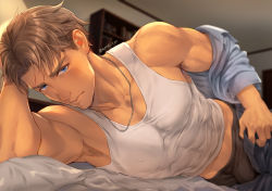 Rule 34 | 1boy, armpit hair, armpits, bara, bed, black male underwear, blue eyes, blue shirt, brown hair, closed mouth, covered erect nipples, jewelry, large pectorals, looking at viewer, lying, male focus, male underwear, male underwear peek, mondi hl, muscular, muscular male, necklace, on bed, on side, open clothes, open pants, open shirt, original, pants, pectorals, shirt, short hair, solo, tank top, twitter username, underwear, white tank top