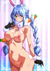 Rule 34 | 1girl, absurdres, blue hair, breasts, censored, female focus, highres, hololive, large breasts, nipples, pussy, rabbit, raisuta, red eyes, solo, usada pekora, virtual youtuber