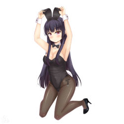 Rule 34 | 1girl, absurdres, animal ears, armpits, arms up, black bow, black bowtie, black hair, black leotard, black pantyhose, bow, bowtie, breasts, detached collar, fake animal ears, fishnet pantyhose, fishnets, full body, highres, kneeling, large breasts, leotard, long hair, looking at viewer, original, pantyhose, playboy bunny, rabbit ears, rabbit girl, rabbit tail, red eyes, sainohikari, solo, strapless, strapless leotard, tail, wrist cuffs