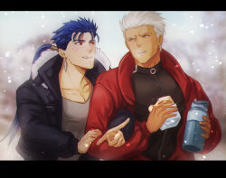 Rule 34 | 2boys, archer (fate), black coat, black shirt, blue hair, blush, breath, cloak, coat, collar, collarbone, commentary, cu chulainn (fate), english commentary, fangs, fate/stay night, fate (series), food, gravesecrets, grey eyes, holding, holding food, holding sandwich, holding thermos, hood, hooded cloak, letterboxed, locked arms, long hair, long sleeves, looking at another, male focus, multiple boys, open mouth, pectoral cleavage, pectorals, pointing, red collar, red eyes, sandwich, shirt, short hair, snow, tan, teeth, thermos, upper teeth only, white shirt, winter, yaoi