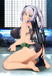 Rule 34 | 1girl, ass, assault rifle, blush, breasts, competition swimsuit, fn scar, green eyes, gun, heterochromia, kneeling, large breasts, legs, long hair, looking at viewer, one-piece swimsuit, original, ponytail, rifle, silver hair, solo, swimsuit, thighs, utako623, weapon, yellow eyes