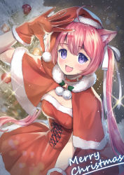 Rule 34 | 1girl, absurdres, ahoge, animal ear fluff, animal ears, bell, blush, capelet, cat ears, cat girl, choker, christmas, christmas tree, dress, english text, fang, fur-trimmed capelet, fur-trimmed dress, fur-trimmed gloves, fur trim, gloves, hair between eyes, hair ribbon, hand up, hat, highres, long hair, looking at viewer, merry christmas, o-ring, o-ring choker, open mouth, original, pink hair, purple eyes, red capelet, red choker, red dress, red gloves, ribbon, sahara1127, santa costume, santa hat, smile, snowing, solo, sparkle, twintails, very long hair, white ribbon