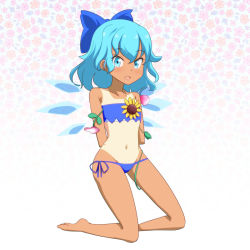 Rule 34 | 1girl, :d, adapted costume, arms behind back, bare legs, bare shoulders, barefoot, bikini, blue bikini, blue bow, blue eyes, blue hair, bow, cato (monocatienus), cirno, commentary request, flat chest, floral background, flower, full body, hair bow, hidden star in four seasons, ice, ice wings, kneeling, large bow, looking at viewer, navel, one-piece tan, open mouth, plant, short hair, side-tie bikini bottom, simple background, smile, solo, strapless, strapless bikini, sunflower, swimsuit, tan, tanline, tanned cirno, team shanghai alice, touhou, vines, wings