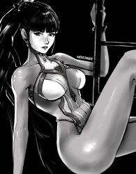 Rule 34 | 1girl, artist name, black background, blunt bangs, bodysuit, breasts, commentary, english commentary, eve (stellar blade), greyscale, hair ornament, ladder, large breasts, lips, long hair, looking at viewer, miss faves, monochrome, ponytail, skin suit (stellar blade), skin tight, solo, stellar blade, very long hair
