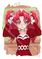 Rule 34 | 1girl, akagi towa, blush, bunching hair, chocokin, dated, go! princess precure, holding, holding hair, long hair, parted bangs, pointy ears, precure, red eyes, red hair, red shirt, shirt, signature, solo, twintails, upper body