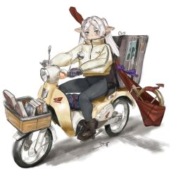 Rule 34 | 1girl, blush, book, contemporary, driving, frieren, frown, gloves, honda, honda super cub, jacket, long hair, looking at viewer, motor vehicle, motorcycle, on scooter, pointy ears, scooter, sitting, solo, sousou no frieren, staff, white background, white hair, yuubi yuutsu