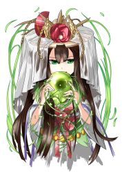 Rule 34 | 1girl, bad id, bad pixiv id, brown hair, comb, covering own mouth, facial mark, flower, forehead mark, green eyes, hat, highres, holding, japanese clothes, kei (keiclear), kushinada (p&amp;d), long hair, looking away, magatama, open mouth, puzzle &amp; dragons, simple background, solo, veil, wheat, white background, wide sleeves