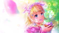 Rule 34 | 1girl, :d, blonde hair, blue eyes, bow, cherry blossoms, hair bow, kagamine rin, long sleeves, looking at viewer, nail polish, office lady, open mouth, pink bow, pink nails, pink shirt, portrait, shigemu room, shirt, short hair, smile, solo, swept bangs, vocaloid, white background