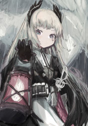 Rule 34 | 1girl, absurdres, arknights, black gloves, black jacket, capelet, closed mouth, commentary request, gloves, grey eyes, grey hair, highres, holding, holding lantern, irene (arknights), jacket, lantern, long hair, looking at viewer, piennamekuzi, skirt, solo, very long hair, white capelet, white skirt