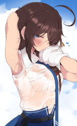 Rule 34 | 1girl, ahoge, armpits, blue eyes, blue necktie, blue skirt, blush, braid, brown hair, buttons, closed mouth, collared shirt, from side, hair between eyes, hair flaps, heart, highres, kantai collection, long hair, necktie, pleated skirt, shigure (kancolle), shigure kai ni (kancolle), shirt, single braid, skirt, sleeveless, sleeveless shirt, solo, suzuki toto, upper body, wet, wet clothes, wet shirt, white shirt