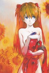 Rule 34 | 1girl, blue eyes, clothes in front, covering privates, covering breasts, female focus, flower, highres, neon genesis evangelion, neon genesis evangelion (manga), nude, official art, orange hair, plugsuit, sadamoto yoshiyuki, signature, solo, souryuu asuka langley, sunflower, topless, two side up