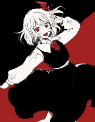 Rule 34 | 1girl, ascot, black skirt, black vest, collared shirt, feet out of frame, hair ribbon, highres, limited palette, long sleeves, looking at viewer, mozukuzu (manukedori), open mouth, red ascot, red eyes, red ribbon, ribbon, rumia, shirt, short hair, skirt, smile, solo, touhou, two-tone background, vest