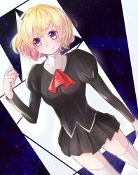 Rule 34 | 1girl, agent aika, aika (series), artist request, ascot, black delmo, black jacket, black skirt, blonde hair, breasts, closed mouth, delmo, delmogeny uniform, jacket, juliet sleeves, long sleeves, looking at viewer, medium breasts, pleated skirt, puffy sleeves, purple eyes, red ascot, short hair, skirt, solo, standing, taut clothes, uniform, white legwear