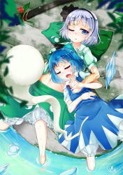Rule 34 | 2girls, bloomers, blue dress, blue eyes, blue hair, bow, cirno, dress, dress shirt, closed eyes, flower, from above, hair bow, hair ribbon, hairband, hand under clothes, hand under shirt, hitodama, ice, ice wings, konpaku youmu, konpaku youmu (ghost), lying, multiple girls, navel, on back, one eye closed, open mouth, puffy short sleeves, puffy sleeves, ribbon, scabbard, sheath, shirt, short hair, short sleeves, silver hair, sleeping, soaking feet, sweat, t.o.d, touhou, unbuttoned, underwear, unworn vest, water, wings