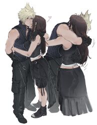 Rule 34 | 1boy, 1girl, apron, arm around shoulder, arm behind back, baggy pants, bare arms, bare shoulders, belt buckle, black apron, black footwear, black gloves, black hair, black pants, black shorts, black vest, blonde hair, blue eyes, breasts, brown hair, buckle, closed mouth, cloud strife, commentary, couple, crop top, cropped legs, dirge of cerberus final fantasy vii, earrings, english commentary, final fantasy, final fantasy vii, final fantasy vii advent children, full body, gloves, heart, hetero, highres, hug, jewelry, kiss, kissing cheek, large breasts, long hair, midriff peek, multiple views, pants, popped collar, pudelmudel, ribbed shirt, shirt, short hair, shorts, single earring, sleeveless, sleeveless shirt, spiked hair, standing, tank top, tifa lockhart, vest, waist apron, white background, white tank top
