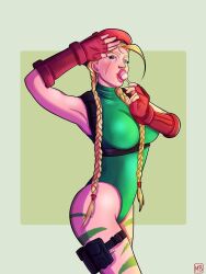 Rule 34 | 1girl, blonde hair, blue eyes, braid, breasts, cammy white, candy, fingerless gloves, food, gloves, hat, highres, large breasts, leotard, lips, lollipop, long hair, looking at viewer, scar, scar on face, sleeveless, street fighter, wildnimue