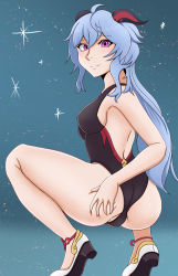 Rule 34 | 1girl, absurdres, ahoge, ass, ass grab, bare shoulders, blue hair, blush, bodysuit, breasts, cameltoe, deep skin, from behind, ganyu (genshin impact), genshin impact, highres, horns, leotard, long hair, looking at viewer, looking back, purple eyes, recyan, shiny clothes, sideboob, skin tight, smile, solo, squatting, thong leotard, very long hair