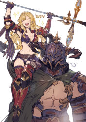 Rule 34 | 1boy, 1girl, belt, blonde hair, breasts, cape, carrying, draph, granblue fantasy, hair down, helmet, highres, horns, long hair, navel, polearm, shimatani azu, shoulder carry, smile, sparkle, spear, thighhighs, torn clothes, vaseraga, victory pose, weapon, white background, zeta (granblue fantasy)