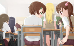 Rule 34 | 1boy, 6+girls, androgynous, black hair, blonde hair, blush, brother and sister, brown hair, chair, chalkboard, classroom, commentary, crossdressing, desk, green eyes, hair bobbles, hair ornament, highres, index finger raised, indoors, long hair, looking at another, multiple girls, original, school, school uniform, short hair, siblings, sitting, skirt, standing, sweatdrop, teacher, teacher and student, trap, twintails, wink, yuki18r