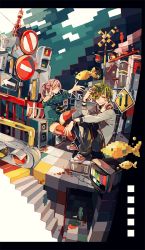 Rule 34 | 1boy, 1girl, blonde hair, blood, cpu, fish, grin, hair over one eye, headphones, highres, knife, letterboxed, long hair, monitor, original, pink hair, pixelated, pixels, ponytail, red eyes, red thighhighs, road sign, short hair, sign, sitting, smile, squatting, stairs, test card, thighhighs, traffic light, yuuichi (bobobo)
