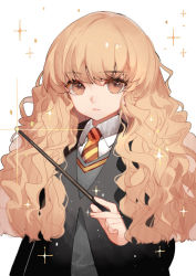 Rule 34 | 1girl, brown eyes, brown hair, collared shirt, commentary, female focus, harry potter (series), hermione granger, hogwarts school uniform, holding, holding wand, jacket, long hair, long sleeves, looking at viewer, necktie, school uniform, shirt, solo, songjikyo, striped, striped necktie, wand, wavy hair, white background, wizarding world