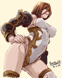 Rule 34 | 10s, 1girl, armor, bare shoulders, black knight (granblue fantasy), blue eyes, brown hair, butcha-u, contrapposto, covered navel, couter, dated, from below, gluteal fold, granblue fantasy, hand on own hip, lips, looking down, pauldrons, short hair, shoulder armor, simple background, solo, standing, thighhighs, torn clothes, torn thighhighs