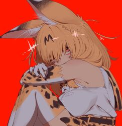 Rule 34 | 1girl, animal ears, armpits, black hair, blonde hair, bow, bowtie, breasts, elbow gloves, extra ears, gloves, highres, hugging own legs, kemono friends, large breasts, looking at viewer, no bra, notora, print bow, print bowtie, serval (kemono friends), serval print, shirt, short hair, skirt, sleeveless, sleeveless shirt, tail, thighhighs