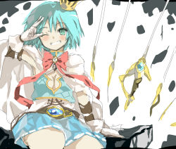 Rule 34 | 10s, 1girl, adapted costume, bad id, bad pixiv id, blue eyes, blue hair, bow, cape, crown, grin, mahou shoujo madoka magica, mahou shoujo madoka magica (anime), matching hair/eyes, miki sayaka, one eye closed, short hair, skirt, smile, solo, sword, umitsuki, weapon, wink