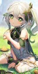 Rule 34 | 1girl, arm support, backlighting, bloomers, blurry, bracelet, braid, cape, child, commentary request, depth of field, detached sleeves, dress, enoki hatoko, food, genshin impact, gradient hair, grass, green eyes, hair between eyes, hair ornament, head tilt, highres, holding, holding food, jewelry, kebab, leaf hair ornament, long hair, looking at viewer, multicolored hair, nahida (genshin impact), outdoors, parted lips, plate, pointy ears, short dress, short sleeves, side ponytail, sidelocks, single braid, sitting, solo, stirrup legwear, symbol-shaped pupils, toeless legwear, two-tone hair, underwear, wariza, white bloomers, white hair