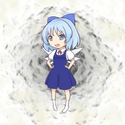 Rule 34 | 1girl, blue eyes, blue hair, bow, cirno, deformed, hair bow, hands on own hips, ice, ice wings, mario (makoto), matching hair/eyes, short hair, solo, touhou, wings