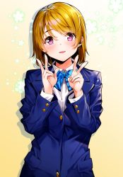 Rule 34 | 1girl, absurdres, blazer, blue bow, blue bowtie, blush, bow, bowtie, brown hair, commentary request, gradient background, hands up, highres, jacket, koizumi hanayo, long sleeves, looking at viewer, love live!, love live! school idol project, nakano maru, open mouth, school uniform, shirt, smile, solo, striped bow, striped bowtie, striped clothes, striped neckwear, upper body, white shirt, yellow background