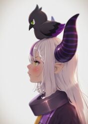 Rule 34 | 1girl, absurdres, animal, animal on head, bird, bird on head, blush, braid, braided bangs, collar, commentary, crow (la+ darknesss), demon horns, eyeshadow, from side, green eyes, grey background, highres, hololive, horns, la+ darknesss, long hair, looking away, makeup, metal collar, multicolored hair, on head, pointy ears, portrait, profile, purple hair, serious, simple background, solo, striped horns, takami masahiro, two-tone hair, virtual youtuber, white hair, yellow eyes
