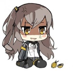 Rule 34 | anger vein, angry, bad id, bad pixiv id, brown hair, chibi, full body, girls&#039; frontline, jacket, knee pads, lowres, onion, pelican (s030), scar, scar across eye, scar on face, shaded face, shirt, simple background, sitting, skirt, solo, ump45 (girls&#039; frontline), wariza, white background, white shirt, yellow eyes