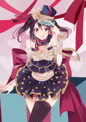 Rule 34 | 10s, 1girl, :q, bad id, bad pixiv id, black hair, bow, hand on headwear, hat, hoe satsuki, long hair, looking at viewer, love live!, love live! school idol festival, love live! school idol project, navel, pinstripe pattern, print skirt, red eyes, single thighhigh, skirt, smile, solo, star (symbol), star print, striped, thighhighs, tongue, tongue out, twintails, yazawa nico