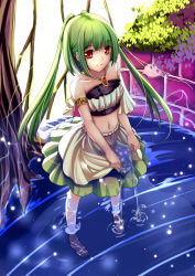 Rule 34 | 1girl, armlet, barefoot, green hair, highres, long hair, looking at viewer, midriff, navel, original, red eyes, skirt basket, smile, solo, strapless, tube top, twintails, wading, water, yan (nicknikg)