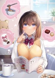 Rule 34 | 1girl, bed, bed sheet, bedroom, book, breasts, brown hair, cardigan vest, chocolate, coaster, collared shirt, commentary request, cookbook, cookie, crossed bangs, cup, day, food, highres, large breasts, medium hair, original, plant, plate, potted plant, purple eyes, red neckwear, school uniform, shiro kuma shake, shirt, sitting, solo, spoon, stuffed animal, stuffed toy, teddy bear, thinking, valentine, white shirt, window