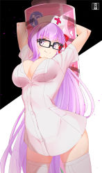 Rule 34 | 1girl, arms up, bb (bb shot!) (fate), bb (fate), blush, breasts, cleavage, closed mouth, dress, fate/extra, fate/extra ccc, fate/grand order, fate (series), glasses, hair ribbon, hat, large breasts, large syringe, long hair, looking at viewer, murio, nurse, nurse cap, oversized object, purple eyes, purple hair, ribbon, short dress, smile, solo, syringe, very long hair, white dress