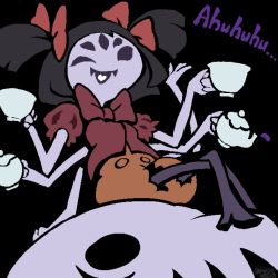 Rule 34 | 1girl, ;d, animal, arm behind back, arm support, arthropod girl, black background, black hair, bow, bowtie, breasts, bug, colored skin, crossed legs, cup, extra arms, extra eyes, fangs, hair bow, holding, holding cup, insect girl, laughing, monster girl, muffet, muffet&#039;s pet, one eye closed, open mouth, orange shorts, oversized animal, pantyhose, puffy short sleeves, puffy shorts, puffy sleeves, purple eyes, purple pantyhose, purple skin, red bow, red bowtie, red shirt, reiesu (reis), shirt, short hair, short sleeves, shorts, simple background, sitting, small breasts, smile, solid eyes, solo, spider, spider girl, teacup, teapot, text focus, tongue, twitter username, two side up, undertale, white tongue