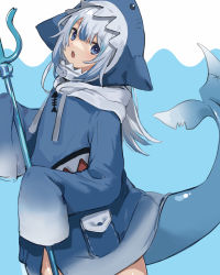 Rule 34 | 1girl, absurdres, animal hood, blue eyes, blue hair, blue hoodie, blush, fins, fish tail, gawr gura, gawr gura (1st costume), highres, hololive, hololive english, hood, hoodie, long sleeves, looking at viewer, multicolored hair, open mouth, polearm, shark girl, shark hood, shark tail, sharp teeth, solo, streaked hair, tail, teeth, trident, virtual youtuber, weapon