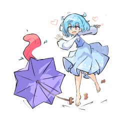 Rule 34 | 1girl, barefoot, blue dress, blue eyes, blue hair, blue sweater vest, dress, heart, heterochromia, light blush, long sleeves, open mouth, primsla, red eyes, simple background, smile, solo, sweater vest, tatara kogasa, tongue, tongue out, touhou, umbrella, water drop, white background