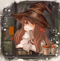 Rule 34 | 1girl, absurdres, brown eyes, brown hair, brown hat, flower, hair flower, hair ornament, hat, head rest, highres, komorihikki, long hair, long sleeves, looking at viewer, original, parted lips, red flower, shirt, signature, solo, white shirt, window, witch hat