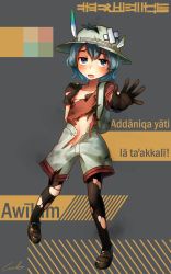 Rule 34 | 10s, 1girl, backpack, bag, black footwear, black gloves, black pantyhose, blue eyes, blue hair, collarbone, commentary request, crossed bandaids, full body, gloves, hat, hat feather, highres, kaban (kemono friends), kemono friends, language request, looking at viewer, navel, open mouth, outstretched arm, pantyhose, pantyhose under shorts, red shirt, shirt, shoes, short hair, shorts, signature, simple background, solo, torn clothes, torn gloves, torn hat, torn pantyhose, torn shirt, torn shorts, translation request, welt (kinsei koutenkyoku), white hat, white shorts