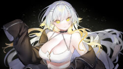 Rule 34 | 1girl, bare shoulders, black background, black coat, black collar, blonde hair, breasts, cleavage, closed mouth, coat, collar, commentary, commission, crop top, earrings, english commentary, highres, jewelry, large breasts, long hair, looking at viewer, mayuri kaichou, multicolored hair, off shoulder, open clothes, open coat, original, skeb commission, sleeves past fingers, sleeves past wrists, solo, upper body, very long hair, virtual youtuber, white hair, yellow eyes, zipper