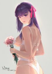 Rule 34 | 1girl, absurdres, ass, blush, breasts, chinese commentary, commentary request, dated, fate (series), flower, grey background, highres, holding, holding flower, large breasts, long hair, looking at viewer, matou sakura, miyama tsubaki me, open mouth, purple eyes, red ribbon, ribbon, sideboob, signature, simple background, solo, underwear